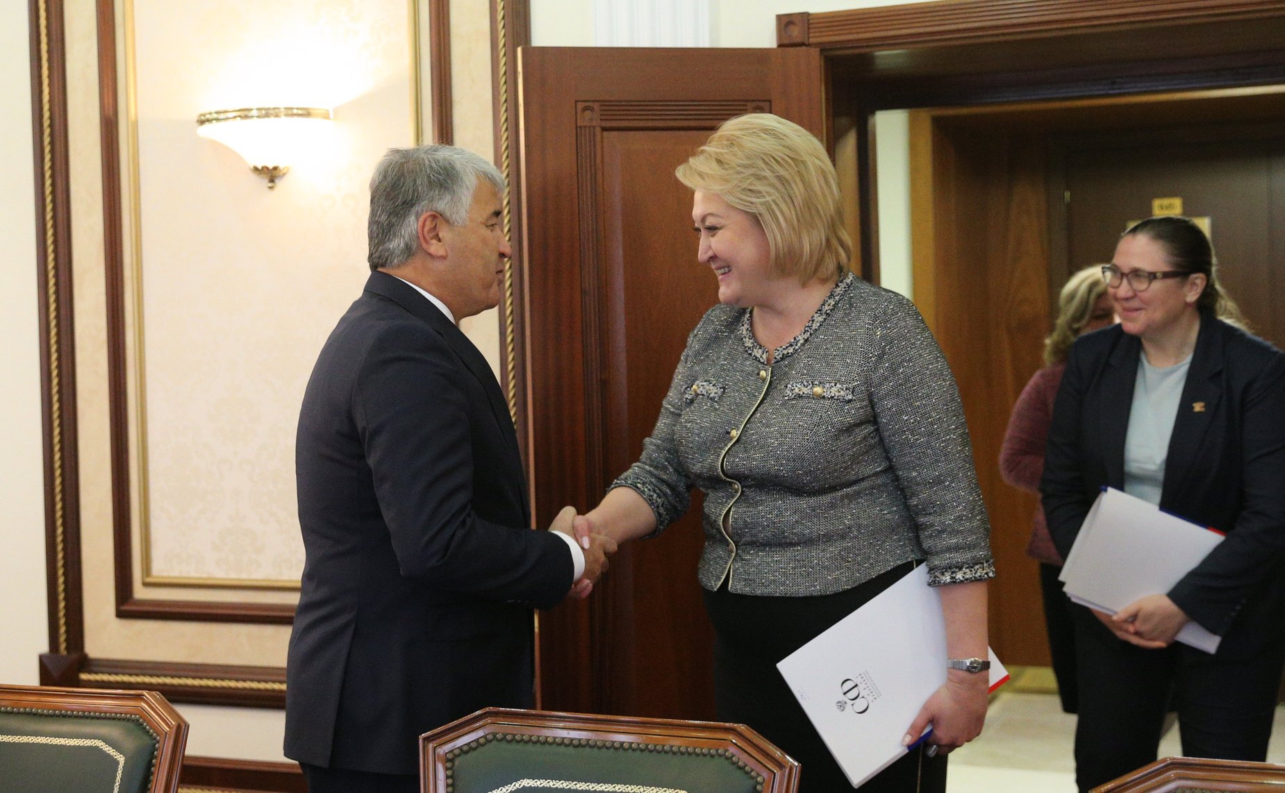 Встреча председателя Комитета СФ Лилии Гумеровой с председателем Комитета Маджлиси милли Маджлиси Оли Республики Таджикистан по социальным вопросам, защите здоровья, науке, образованию, культуре, молодежной и гендерной политике