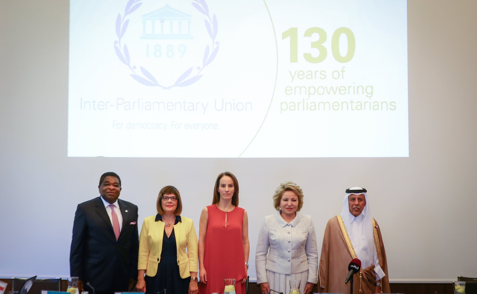 Генеральный секретарь Межпарламентского союза Мартин Чунгонг, Председатель Народной скупщины Республики Сербии Майя Гойкович, Председатель МПС Габриэла Куэвас Баррон, Председатель Совета Федерации Валентина Матвиенко и Председатель Консультативного совета