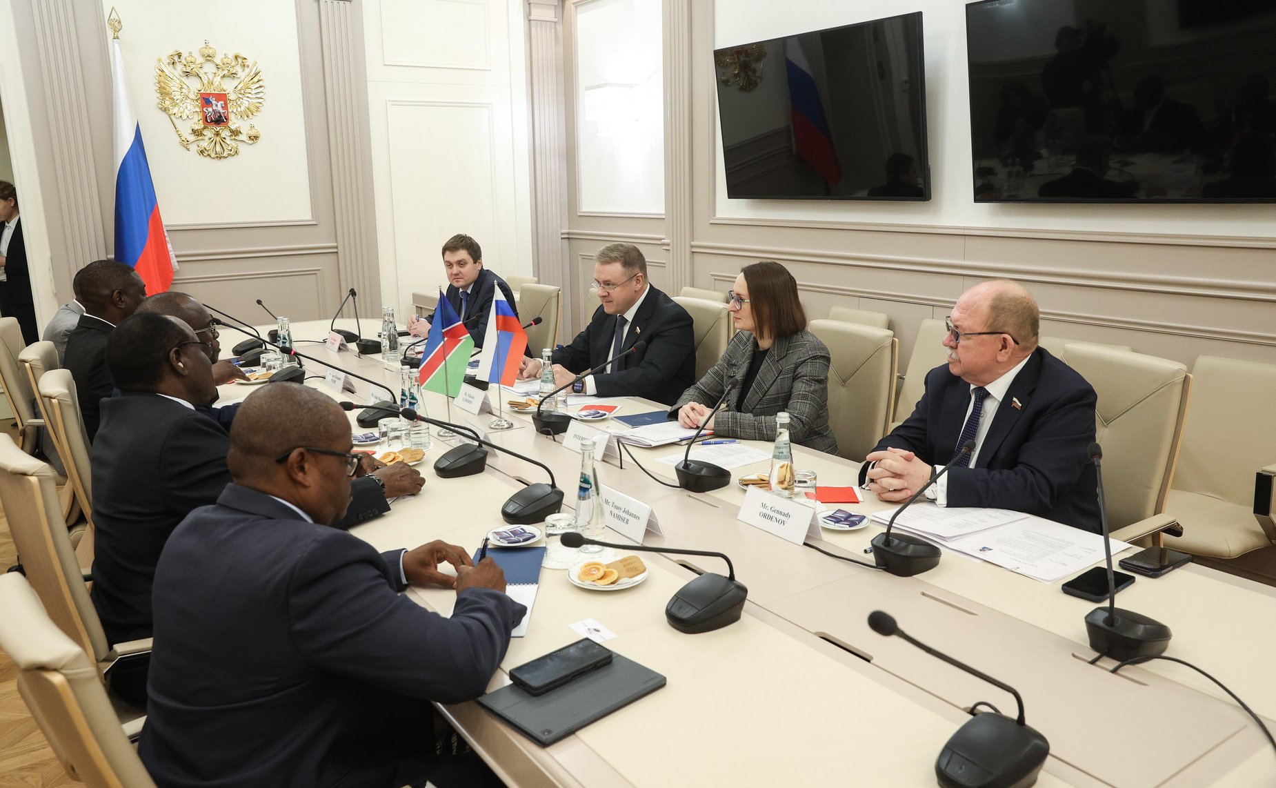 Встреча первого заместителя председателя Комитета СФ по бюджету и финансовым рынкам Николая Любимова с делегацией Национального совета Республики Намибии