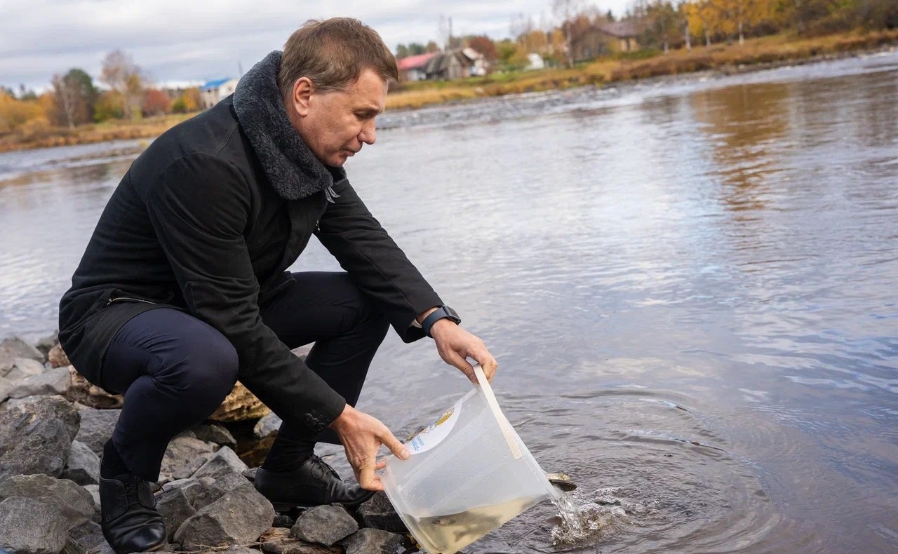 Игорь Зубарев принял участие в выпуске в реку Шуя дополнительной партии молоди краснокнижной рыбы