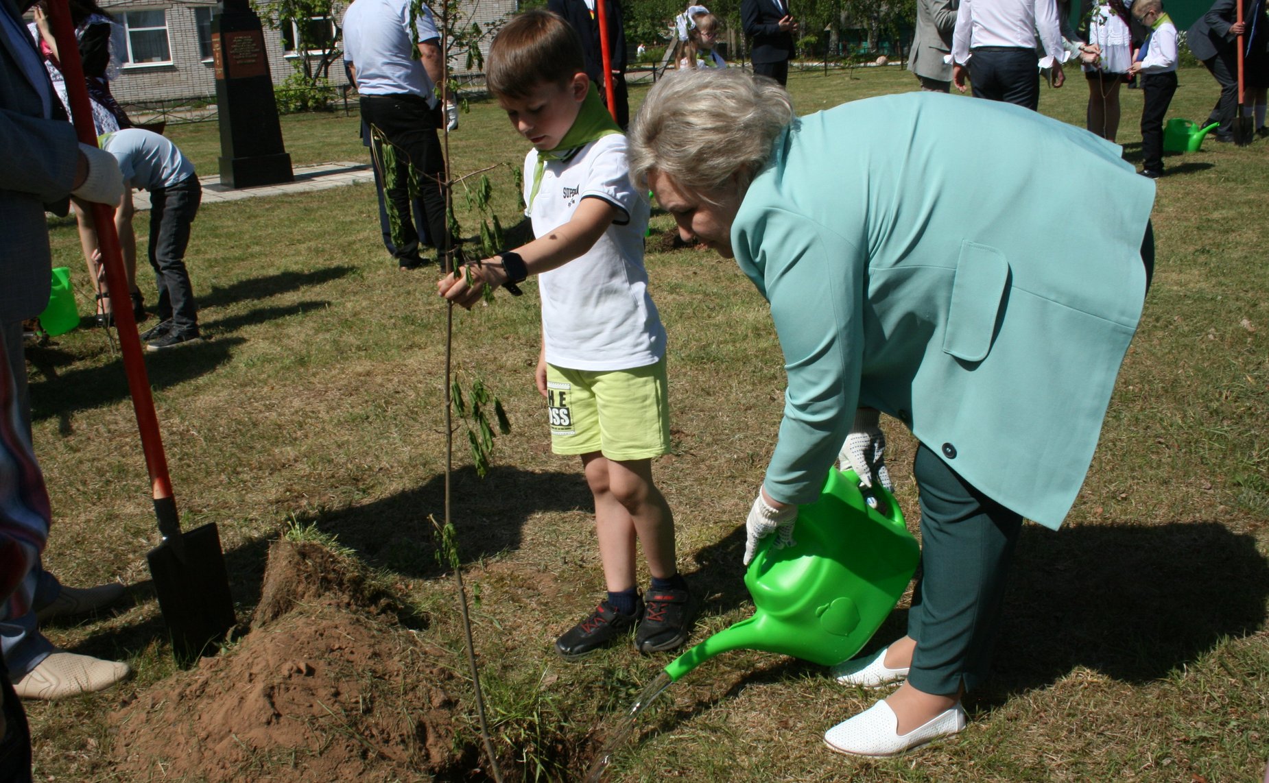 Елена Писарева в ходе рабочей поездки в Хвойнинский округ Новгородской области приняла участие в высадке саженцев на Аллее памяти героев Отечества