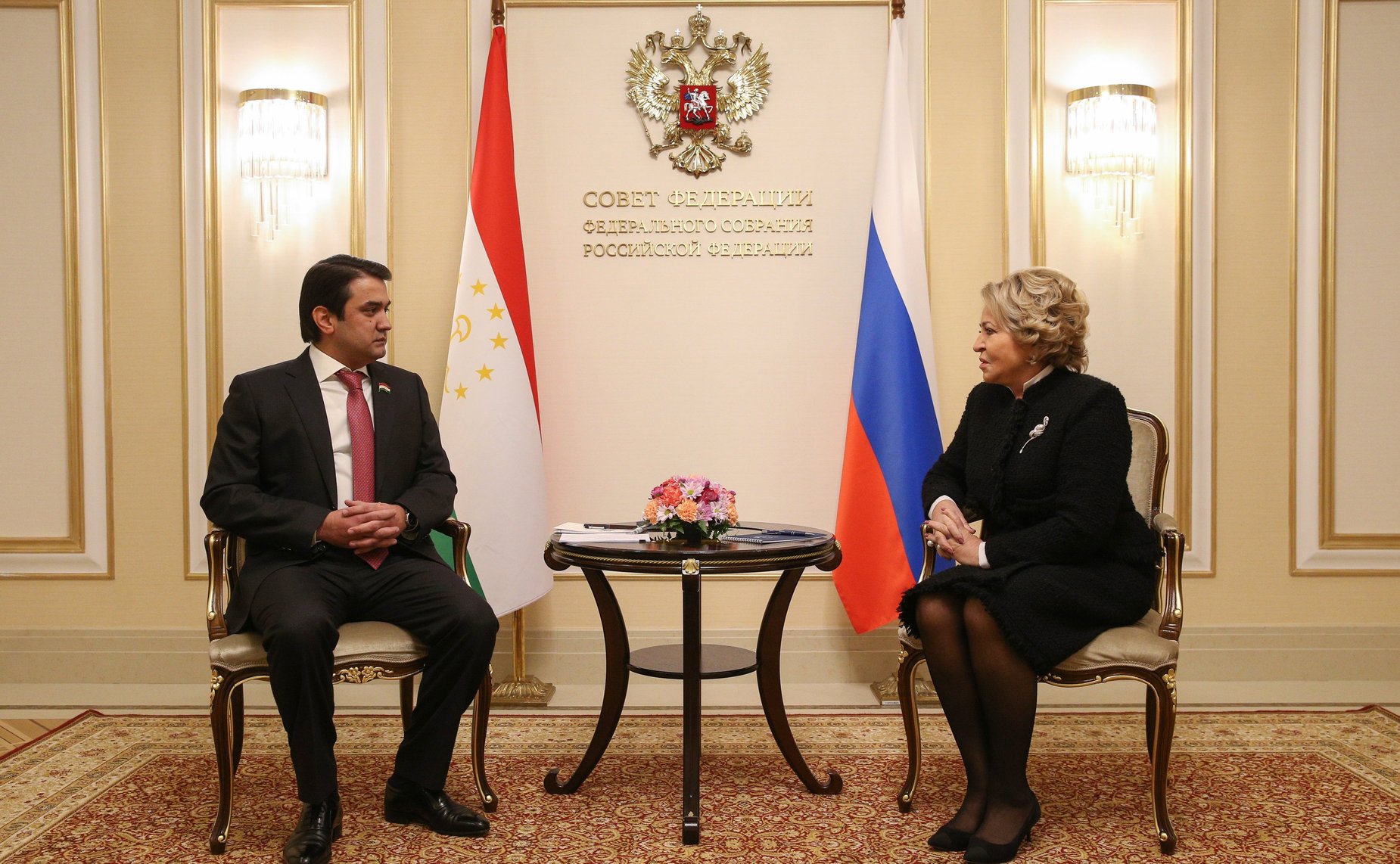 Встреча Председателя СФ Валентины Матвиенко с Председателем Маджлиси милли Маджлиси Оли Республики Таджикистан Рустами Эмомали