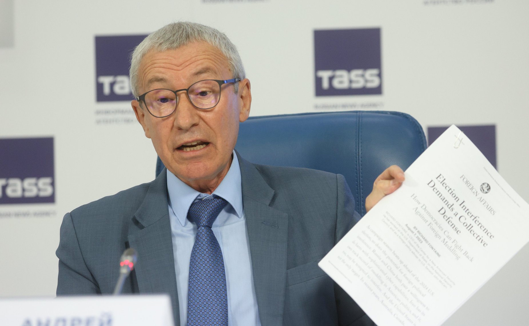 Пресс-конференция председателя Комиссии СФ по защите государственного суверенитета и предотвращению вмешательства во внутренние дела РФ Андрея Климова на тему «Выборы −2023: внешние угрозы российскому избирательному суверенитету»