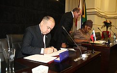 В ходе визита делегации СФ в Южно-Африканскую Республику подписан Меморандум о сотрудничестве верхних палат парламентов двух стран