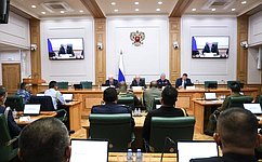 Chair of the Federation Council Committee on Defense and Security Vladimir Bulavin holds a briefing for foreign military attaches